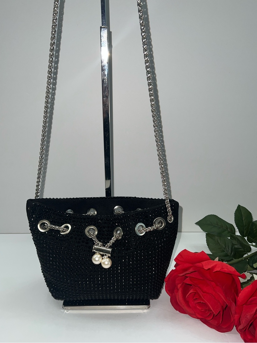 Black Rhinestone Crystal Shoulder Drawstring Mini Bucket Evening Bag with Pearls